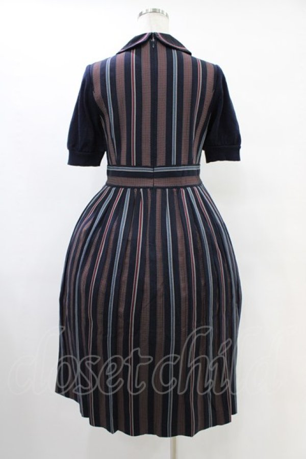 画像2: Jane Marple Dans Le Salon / ニットスリーブレジメンタルワンピース  ネイビー H-25-09-28-1010-JM-OP-KB-ZH (2)