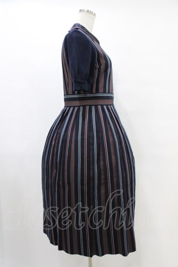 画像3: Jane Marple Dans Le Salon / ニットスリーブレジメンタルワンピース  ネイビー H-25-09-28-1010-JM-OP-KB-ZH (3)