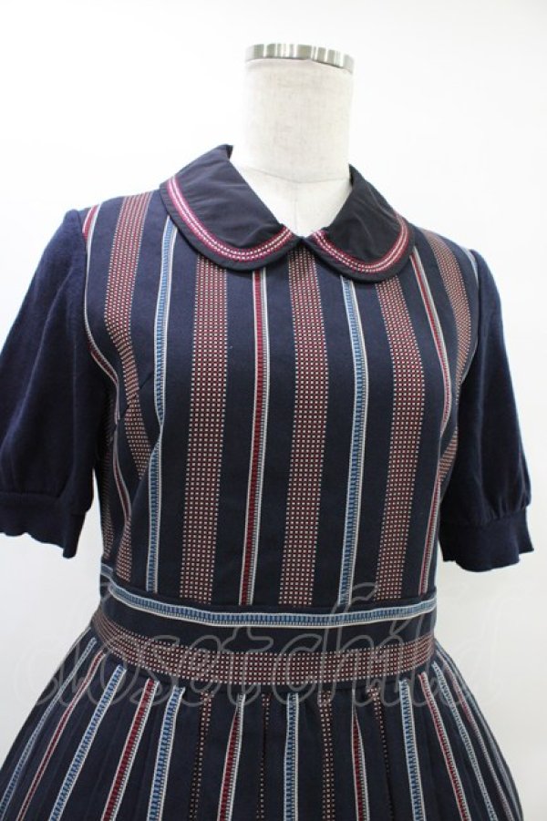 画像4: Jane Marple Dans Le Salon / ニットスリーブレジメンタルワンピース  ネイビー H-25-09-28-1010-JM-OP-KB-ZH (4)