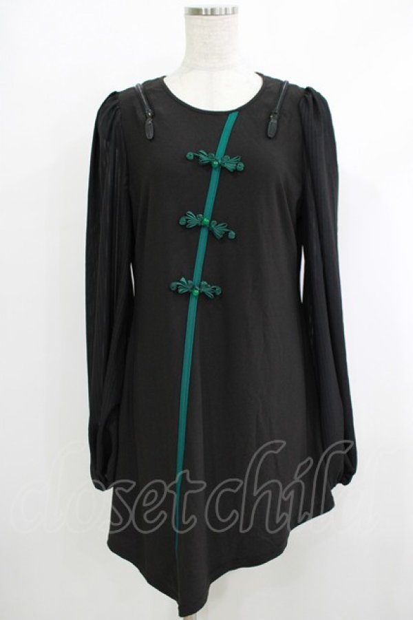 画像1: Qutie Frash / チャイナパフスリーブチュニック  ブラック×グリーン H-25-10-08-1060-QU-TO-KB-ZH (1)