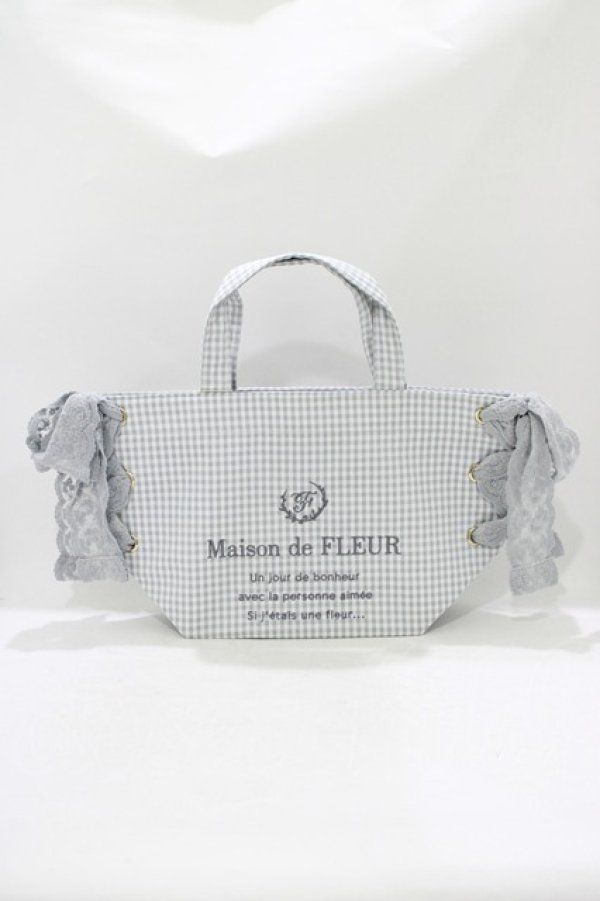 画像1: Maison de FLEUR / ギンガムチェックレースサイドリボントート  グレー H-25-10-08-064-LO-BG-NS-ZH (1)