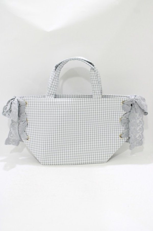 画像2: Maison de FLEUR / ギンガムチェックレースサイドリボントート  グレー H-25-10-08-064-LO-BG-NS-ZH (2)