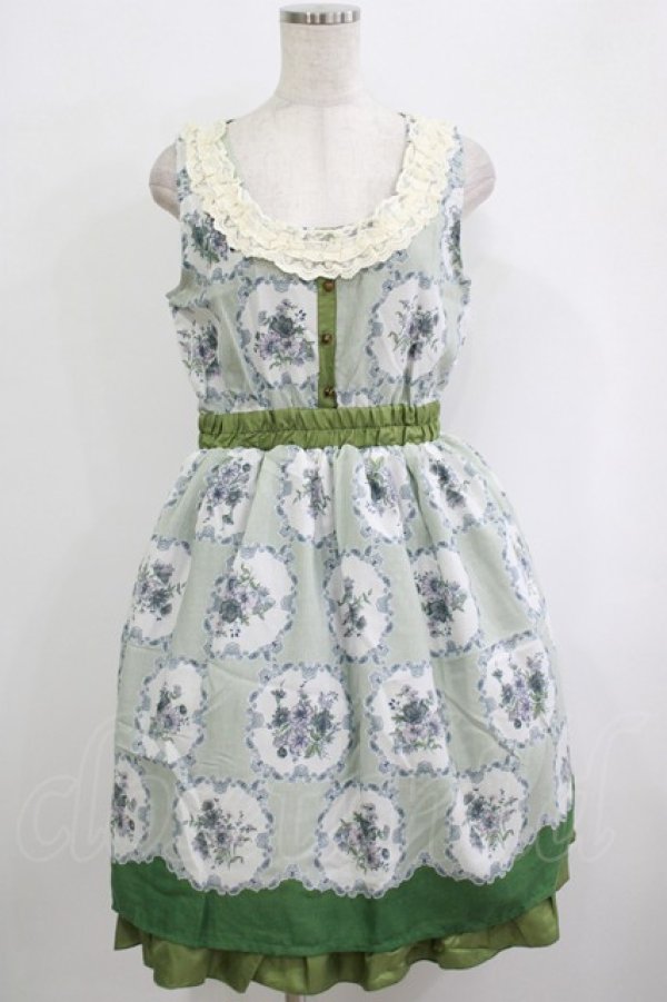 画像1: axes femme / 花×ストライプ柄ノースリワンピース M グリーン H-25-10-08-018-AX-OP-NS-ZH (1)