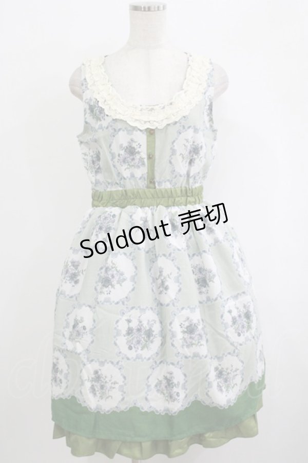 画像1: axes femme / 花×ストライプ柄ノースリワンピース M グリーン H-25-10-08-018-AX-OP-NS-ZH (1)