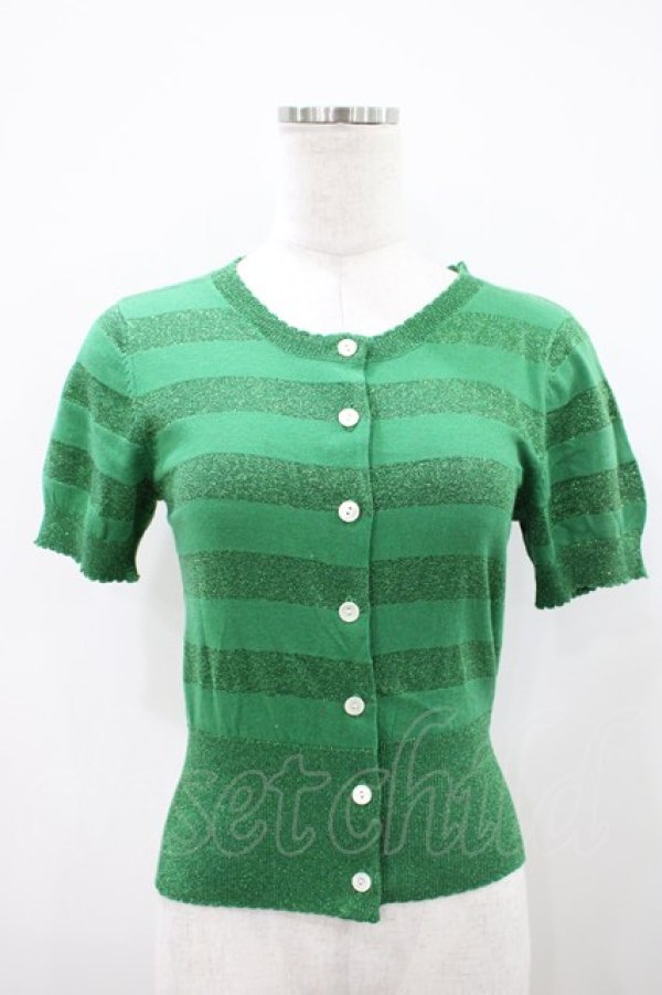 画像1: Emily Temple cute / ラメボーダー半袖カーデ  グリーン H-25-10-11-028-ET-TO-KB-ZH (1)