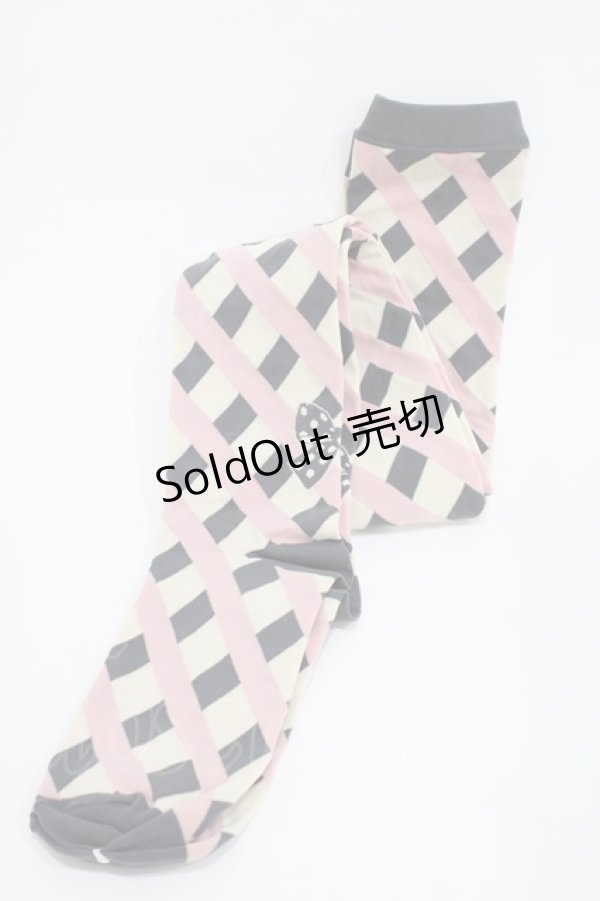 画像1: Emily Temple cute / ドットリボンカラーチェックオーバーニーソックス  グレー×ピンク H-25-10-12-002-ET-ZA-KB-ZH (1)