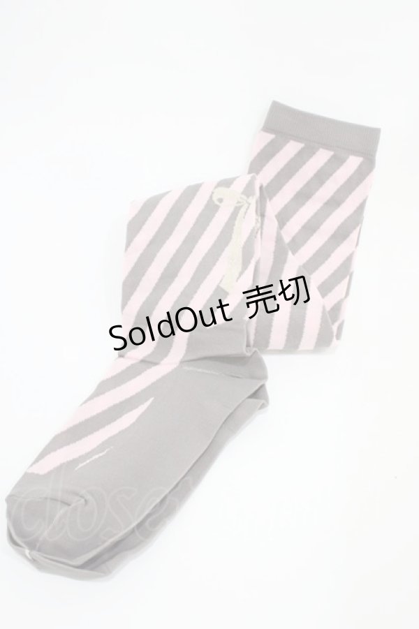 画像1: Emily Temple cute / バックリボンななめストライプオーバーニーソックス  ピンク×グレー H-25-10-12-005-ET-ZA-KB-ZH (1)