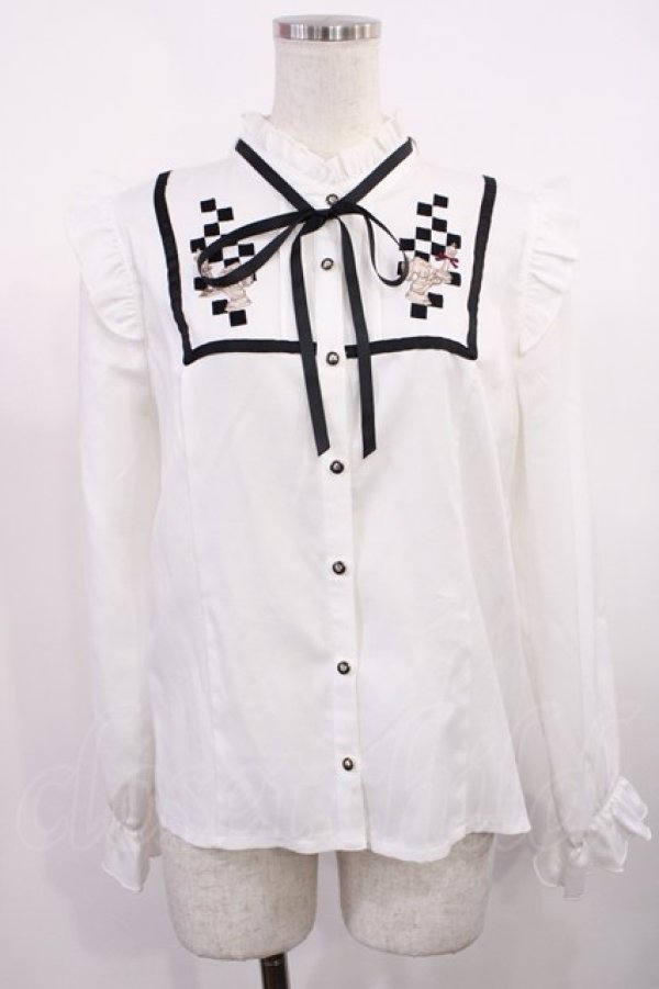 画像1: axes femme / チェス刺繍ハイネックブラウス M オフ H-25-10-13-031-AX-BL-NS-ZH (1)
