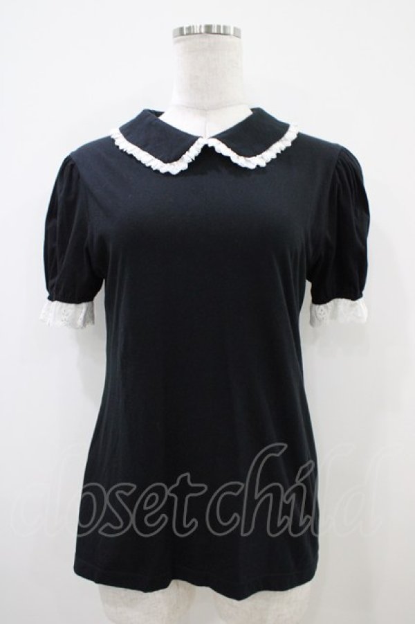 画像1: Jane Marple / レース付丸衿パフカットソー  黒×白 H-25-10-14-1036-JM-TO-KB-ZT369 (1)