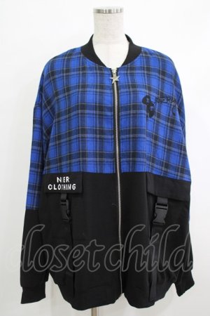 画像: NieR Clothing / チェック切替ZIPブルゾンカーデ  黒×青 H-25-10-16-1049-PU-TO-KB-ZH
