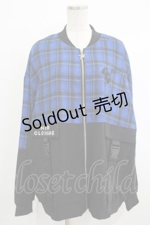 画像: NieR Clothing / チェック切替ZIPブルゾンカーデ  黒×青 H-25-10-16-1049-PU-TO-KB-ZH