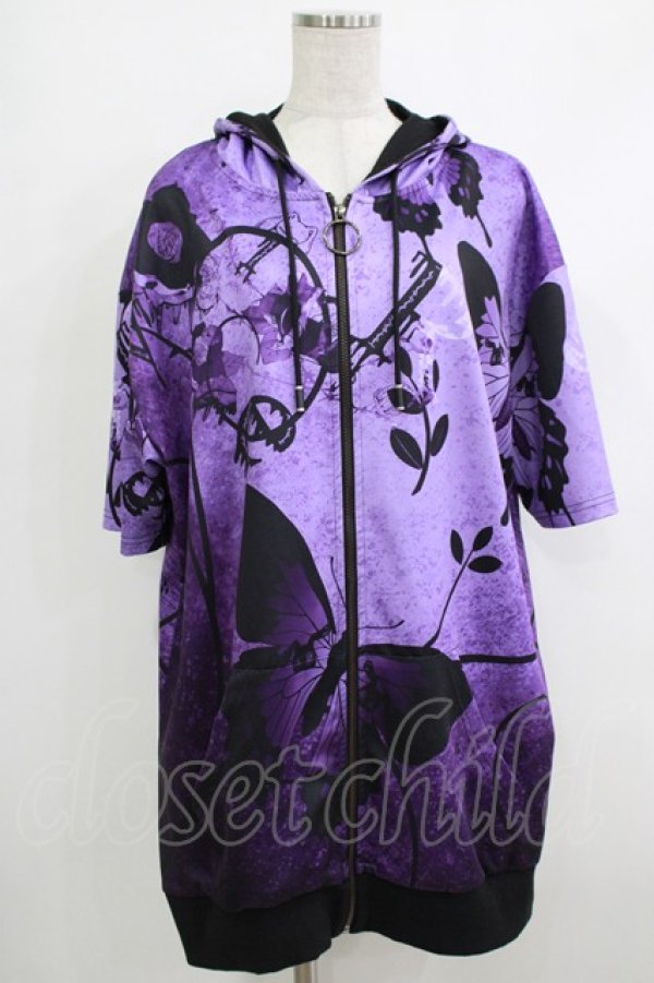 画像1: NieR Clothing / 総柄ZIP半袖パーカー  紫 H-25-10-17-1045-PU-TO-KB-ZH (1)