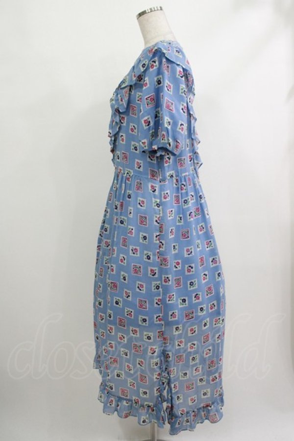 画像2: 【SALE】Jane Marple Dans Le Salon / Flower Stamp Empireワンピース M サックス H-25-10-22-1009-JM-OP-KB-ZT329 (2)