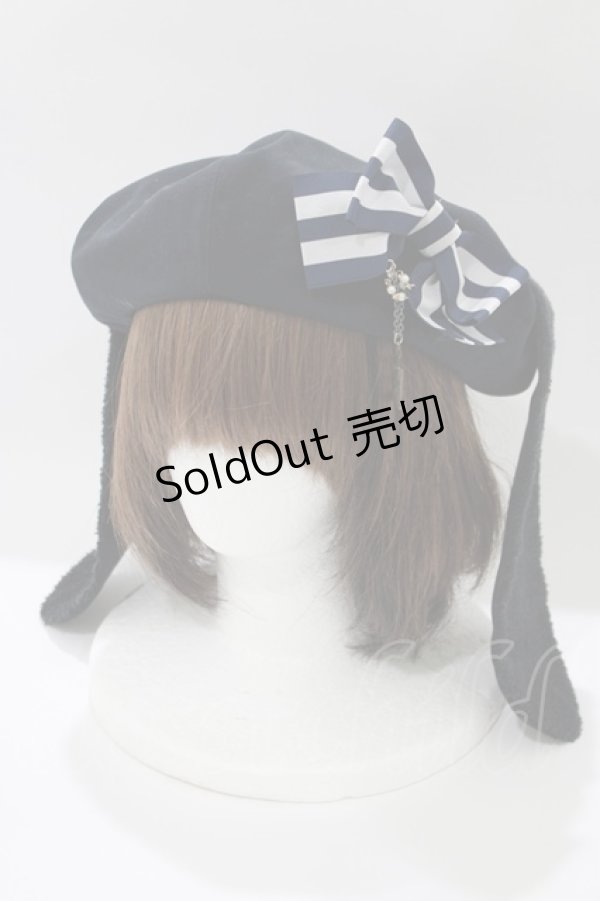 画像1: uf. / うさみみベレー  黒×黒×紺リボン H-25-10-23-1067-PU-BL-KB-ZH (1)