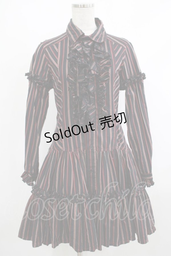 画像1: ALGONQUINS / ストライプフリルシャツワンピース F 黒 H-25-10-23-1014-AL-OP-KB-ZH (1)