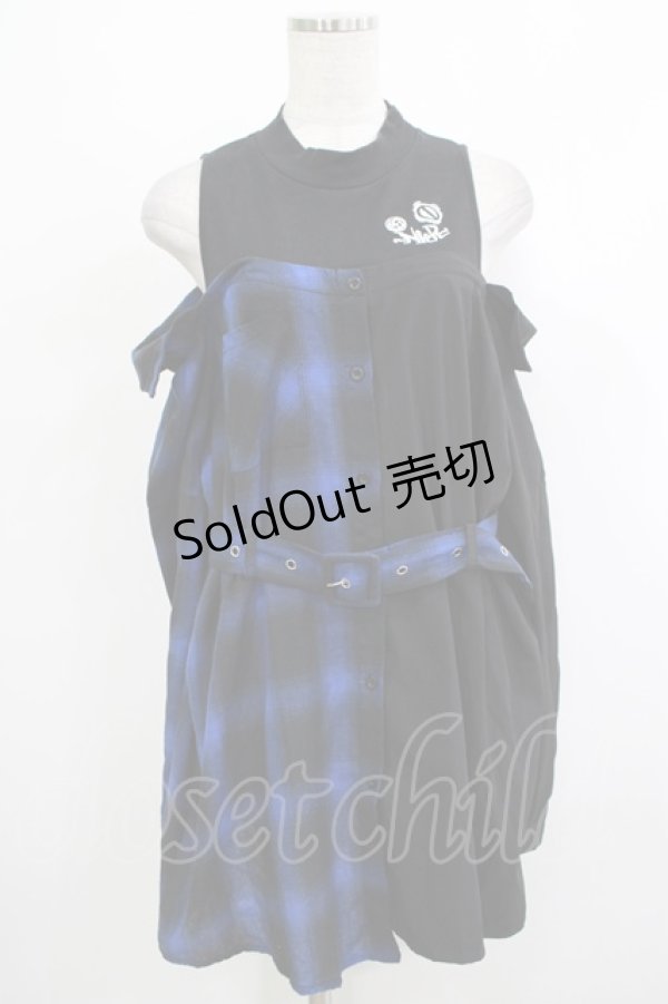 画像1: NieR Clothing / レイヤード風オフショルトップス  黒×青 H-25-10-23-1022-PU-TO-KB-ZH (1)