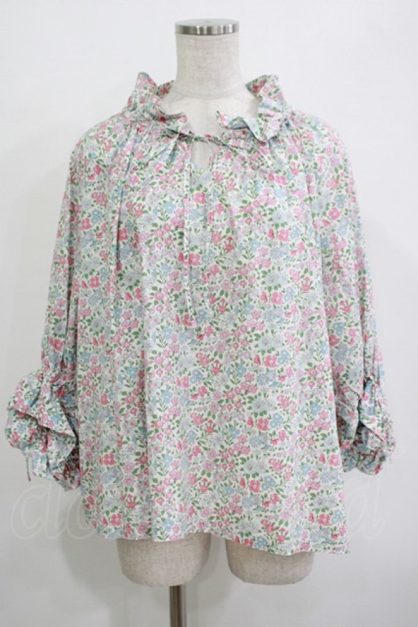 画像1: Jane Marple Dans Le Salon / Lawn Liberty Bubble Sleeve Blouse  オフ×ピンク×ブルー H-25-10-27-033-JM-BL-KB-ZH (1)