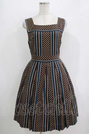 画像: Jane Marple / ドットストライプのスクエアドレス  ネイビー×ブラウン H-25-10-28-020-JM-OP-KB-ZH
