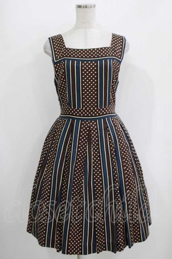 画像1: Jane Marple / ドットストライプのスクエアドレス  ネイビー×ブラウン H-25-10-28-020-JM-OP-KB-ZH (1)