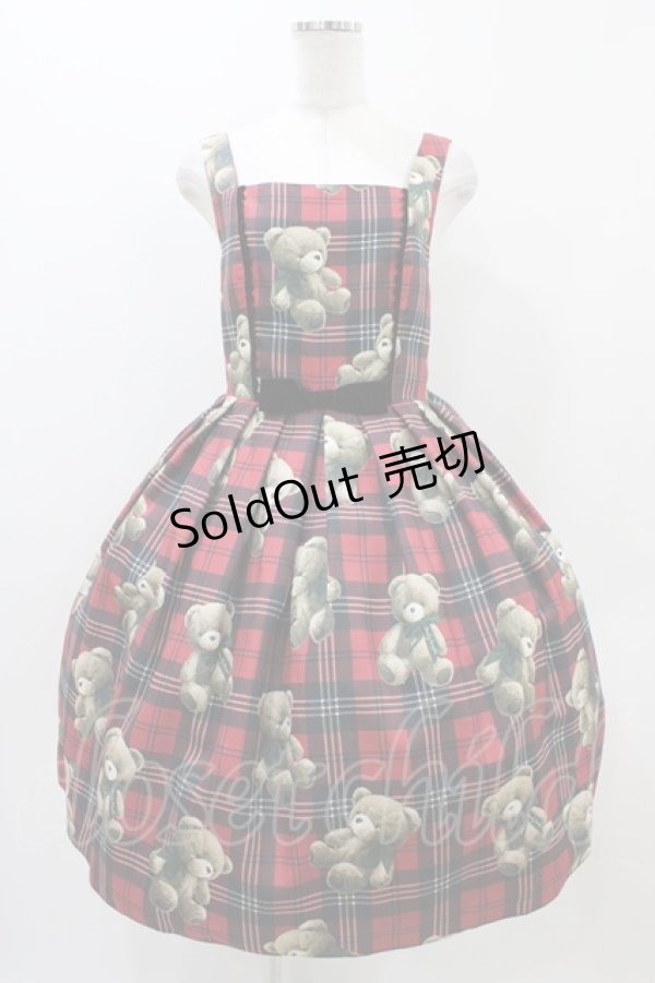 画像1: Emily Temple cute / Teddy Bear Tartanノースリーブワンピース  レッド H-25-11-01-1012-ET-OP-KB-ZH (1)