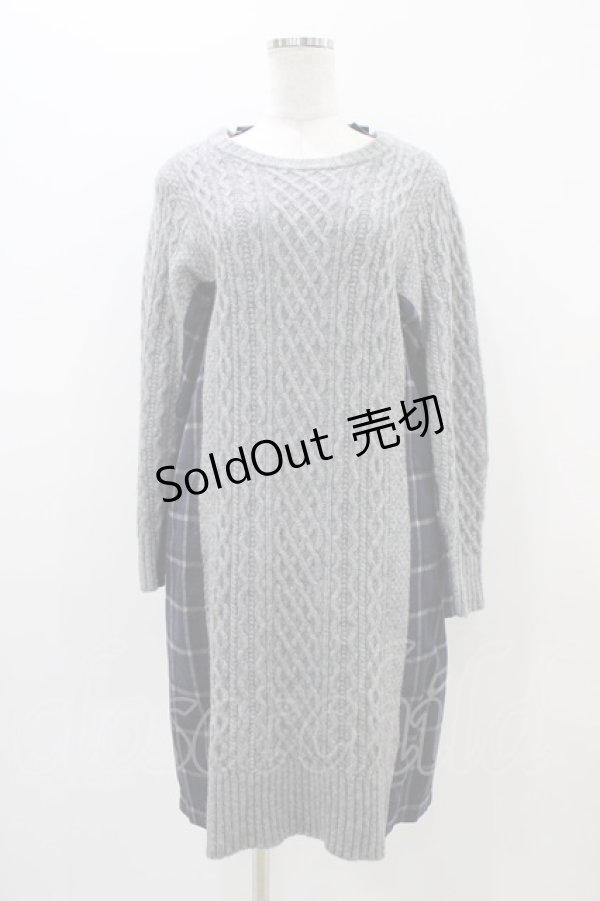 画像1: Jane Marple Dans Le Salon / アランニットとシャギーチェックのドレス  グレー×ネイビー H-25-11-01-1018-JM-OP-KB-ZH (1)