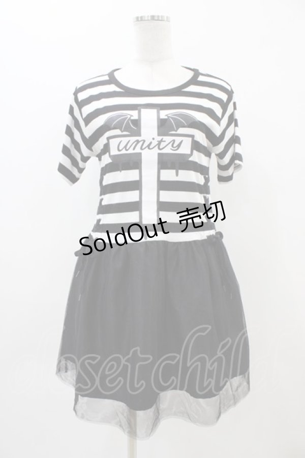 画像1: LISTEN FLAVOR / Unity Crossレースアップチュールドレス  黒×白 H-25-11-01-1020-PU-OP-KB-ZT390 (1)