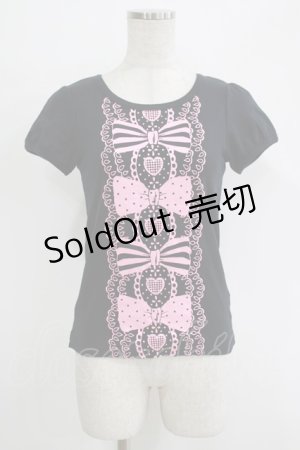 画像: Angelic Pretty / グリッターリボンレースプリントTシャツ Free ブラック/ピンク H-25-11-02-1065-AP-TS-NS-ZH