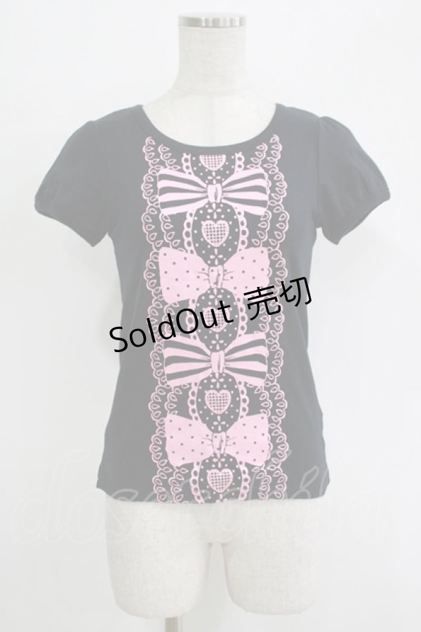 画像1: Angelic Pretty / グリッターリボンレースプリントTシャツ Free ブラック/ピンク H-25-11-02-1065-AP-TS-NS-ZH (1)