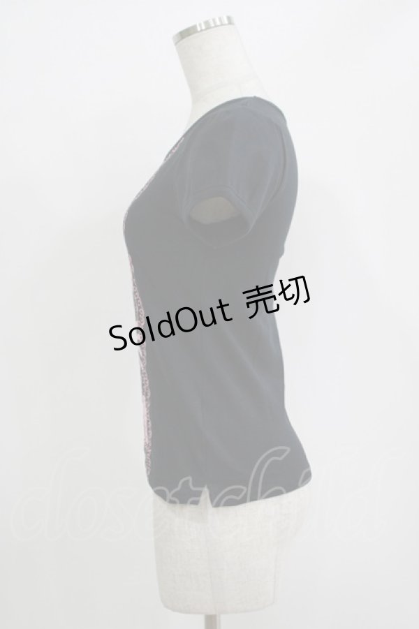 画像2: Angelic Pretty / グリッターリボンレースプリントTシャツ Free ブラック/ピンク H-25-11-02-1065-AP-TS-NS-ZH (2)