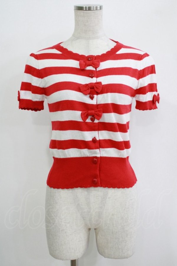 画像1: Angelic Pretty / リボンボーダー半袖ニットカーディガン Free レッド H-25-11-02-1068-AP-TO-NS-ZH (1)