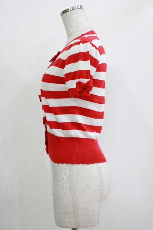 画像2: Angelic Pretty / リボンボーダー半袖ニットカーディガン Free レッド H-25-11-02-1068-AP-TO-NS-ZH (2)