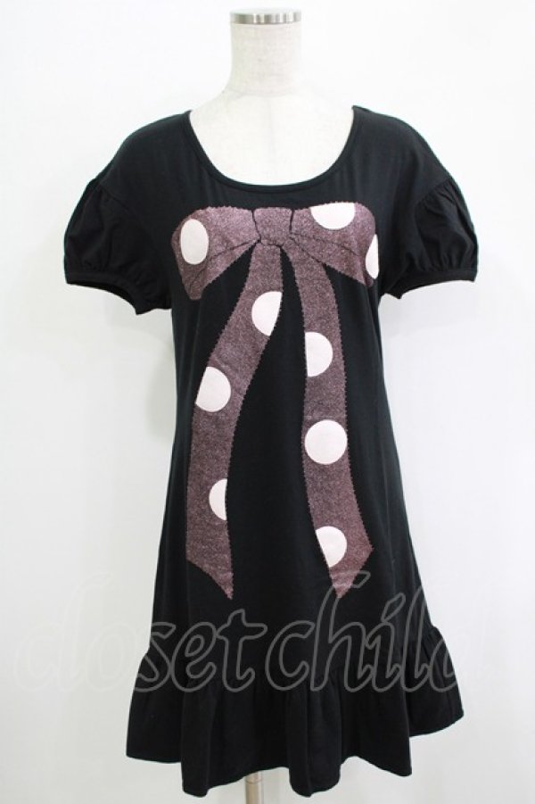 画像1: Emily Temple cute / ドットリボンプリントカットソーワンピース  黒 H-25-11-03-030-ET-OP-KB-ZH (1)