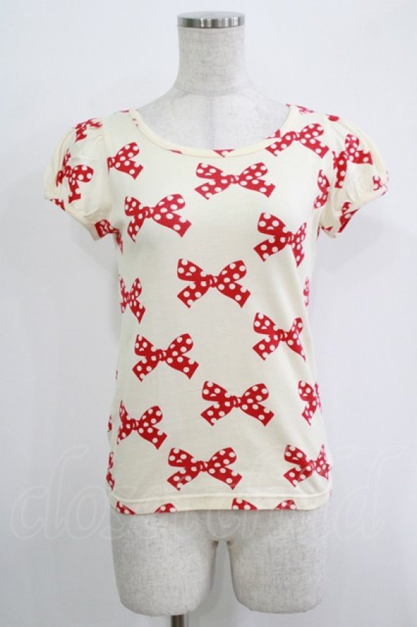 画像1: Emily Temple cute / 水玉リボンパフカットソー  オフ×レッド H-25-11-03-054-ET-TO-KB-ZH (1)