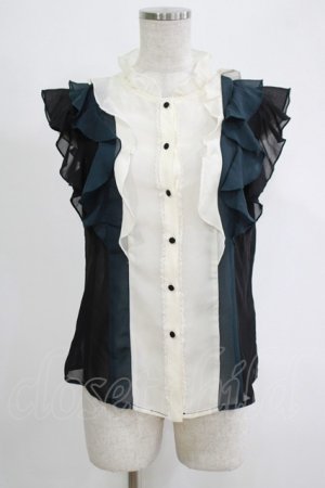 画像: axes femme / 配色フリルノースリブラウス M オフ/ブラック/グリーン H-25-11-06-051-AX-BL-NS-ZH