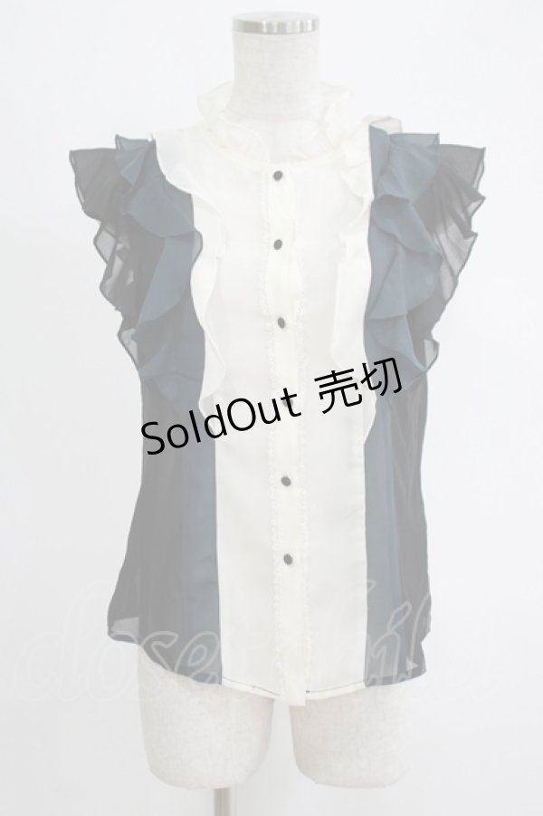 画像1: axes femme / 配色フリルノースリブラウス M オフ/ブラック/グリーン H-25-11-06-051-AX-BL-NS-ZH (1)