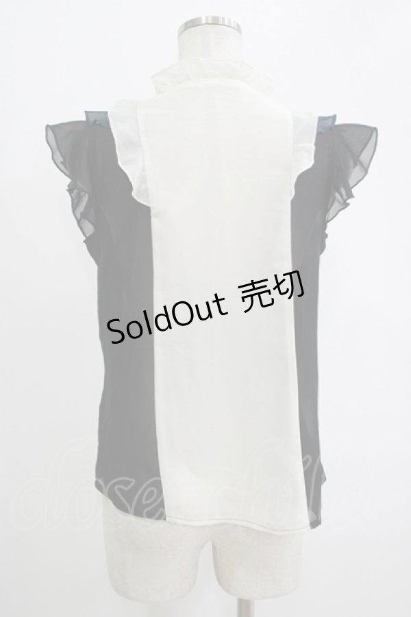 画像3: axes femme / 配色フリルノースリブラウス M オフ/ブラック/グリーン H-25-11-06-051-AX-BL-NS-ZH (3)