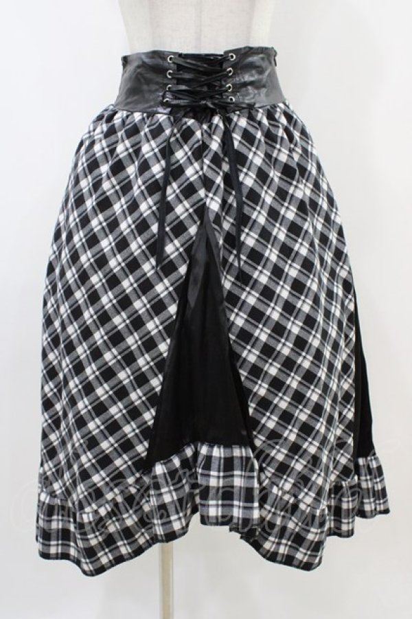 画像1: LISTEN FLAVOR / コルセット風切り替えレースアップスカート  ブラックチェック H-25-11-06-1038-PU-SK-KB-ZH (1)
