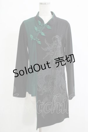 画像: Qutie Frash / チャイナアシメカットソー  黒×緑 H-25-11-07-034-QU-TO-KB-ZH