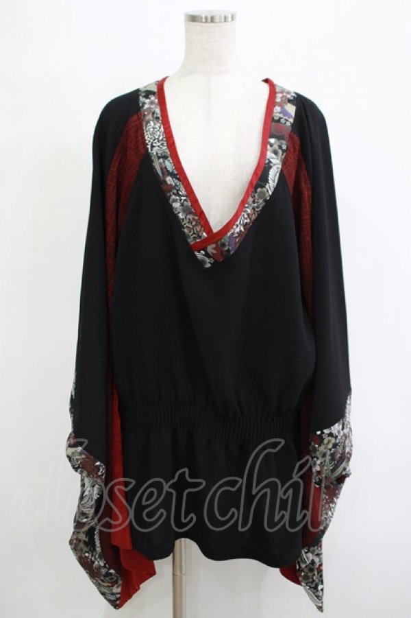 画像1: Qutie Frash / リボン帯付き着物チュニック  黒×赤 H-25-11-07-036-QU-TO-KB-ZH (1)