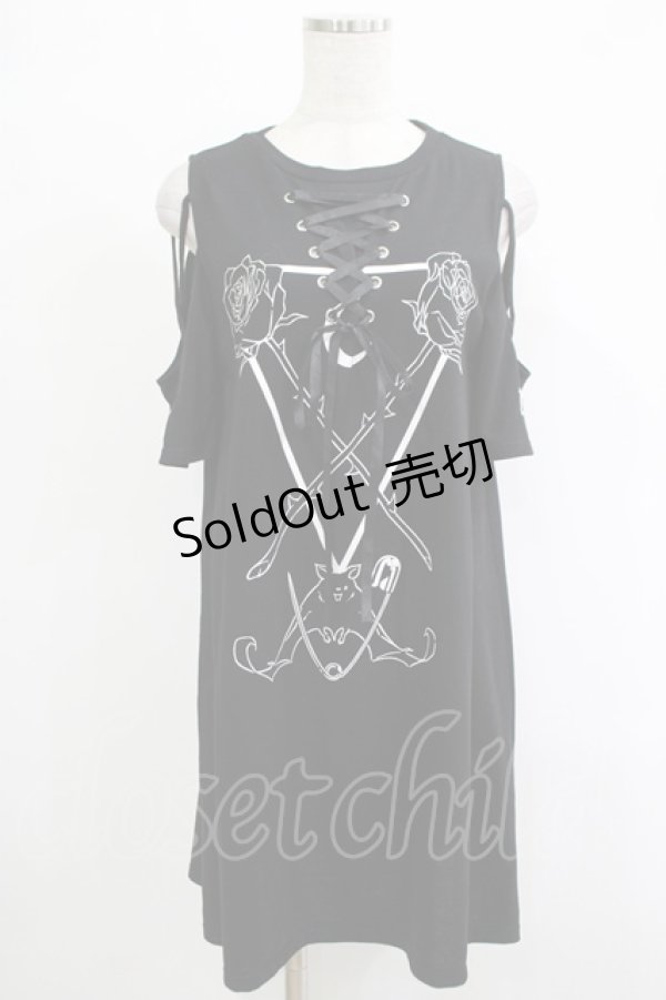 画像1: 【SALE】LISTEN FLAVOR / 黒薔薇の堕天使オープンショルダーレースアップワンピース  ブラック H-25-11-07-039-PU-TO-KB-ZT455 (1)