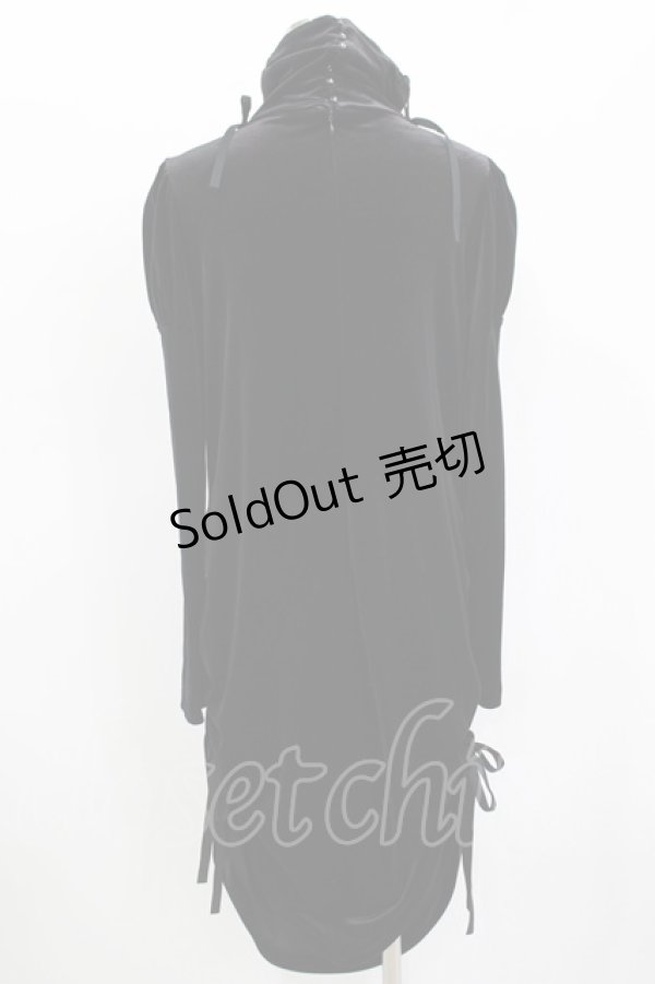 画像3: BPN / サイドギャザーベロアワンピース  ブラック×ネイビーリボン H-25-11-09-1018-GO-OP-KB-ZH (3)