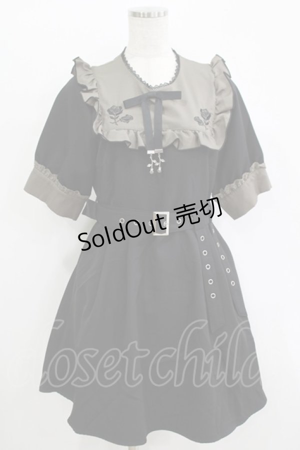 画像1: DearMyLove / ガーターデザインバラ刺繍ワンピース L ブラック H-25-11-11-034-EL-OP-NS-ZH (1)