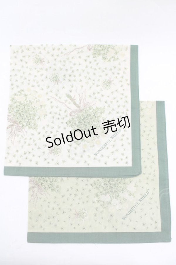 画像1: WONDERFUL WORLD / ノベルティハンカチ  グリーン/オフ H-25-11-11-065-LO-ZA-NS-ZH (1)