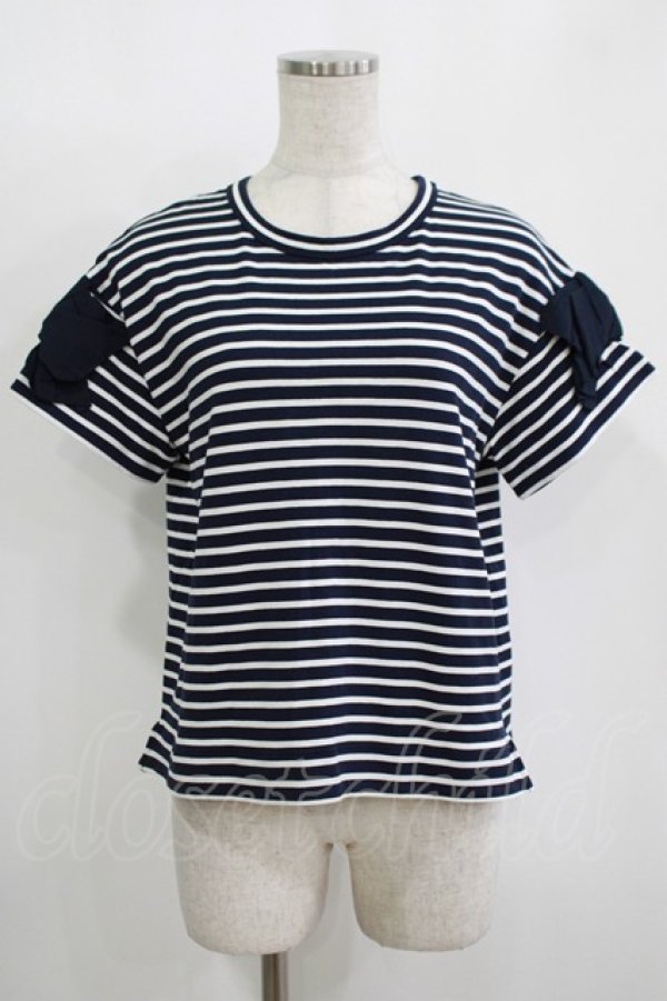 画像1: Jane Marple Dans Le Salon / マリンボーダーとリボンスリーブのプルオーバー  ネイビー H-25-11-12-038-JM-TO-KB-ZT369 (1)