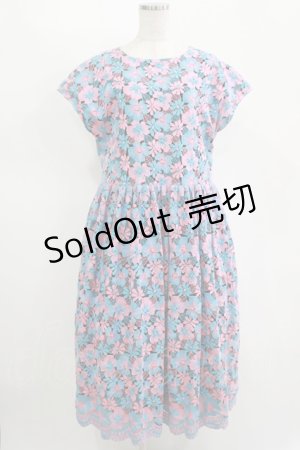 画像: Jane Marple Dans Le Salon / Flower embroideryタブリエドレス  Sky blue×Pink H-25-11-12-014-JM-OP-KB-ZH