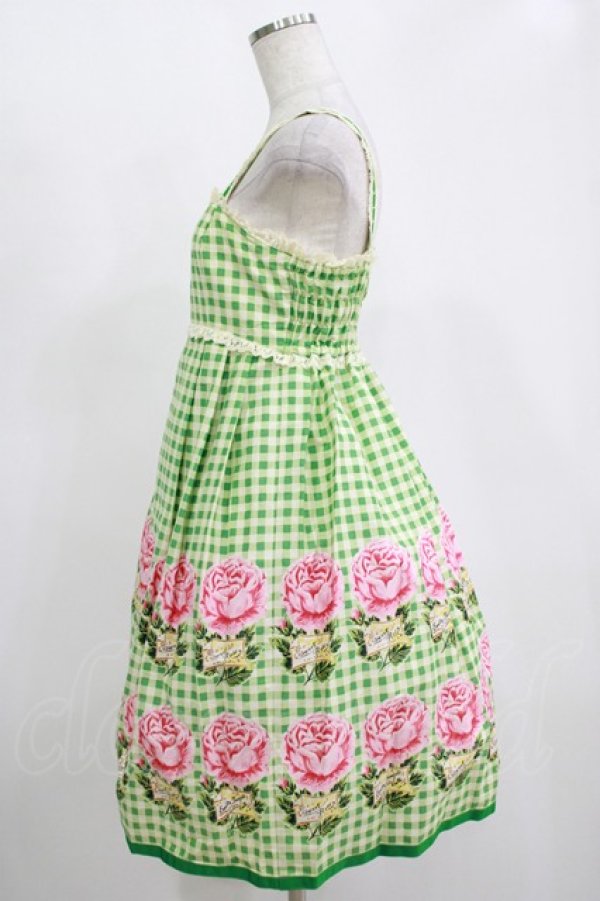 画像2: Emily Temple cute / ギンガム＆バラノースリーブワンピース  グリーン H-25-11-14-1003-ET-OP-KB-ZH (2)