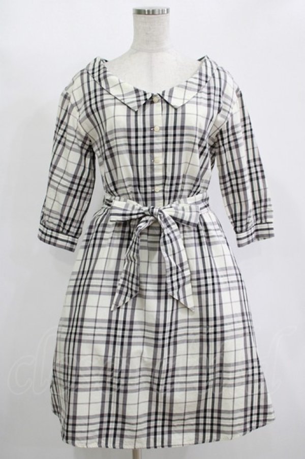 画像1: MAJESTIC LEGON / ウエストリボン付きチェックワンピース M アイボリー H-25-11-15-1028-LO-OP-NS-ZH (1)