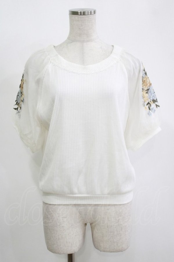 画像1: axes femme / 花刺繍×チュール袖プルオーバー M オフ H-25-11-15-1063-AX-TO-NS-ZH (1)