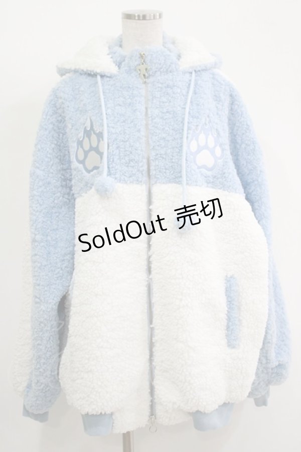 画像1: LISTEN FLAVOR / 猫耳肉球ファイヤーボアブルゾン  ライトブルー×ホワイト H-25-11-17-035-PU-JA-KB-ZH (1)