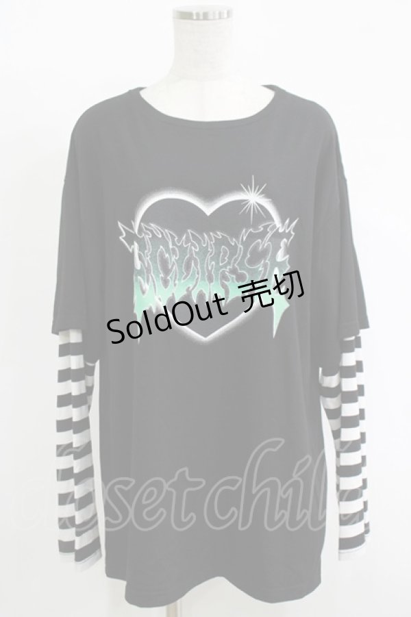 画像1: LISTEN FLAVOR / ハートメタルロゴレイヤード風ロンT  ブラック H-25-11-17-067-PU-TO-KB-ZH (1)